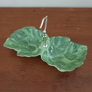 Handmade Divided Green Leaf Serving Candy Nut Dish With Handle